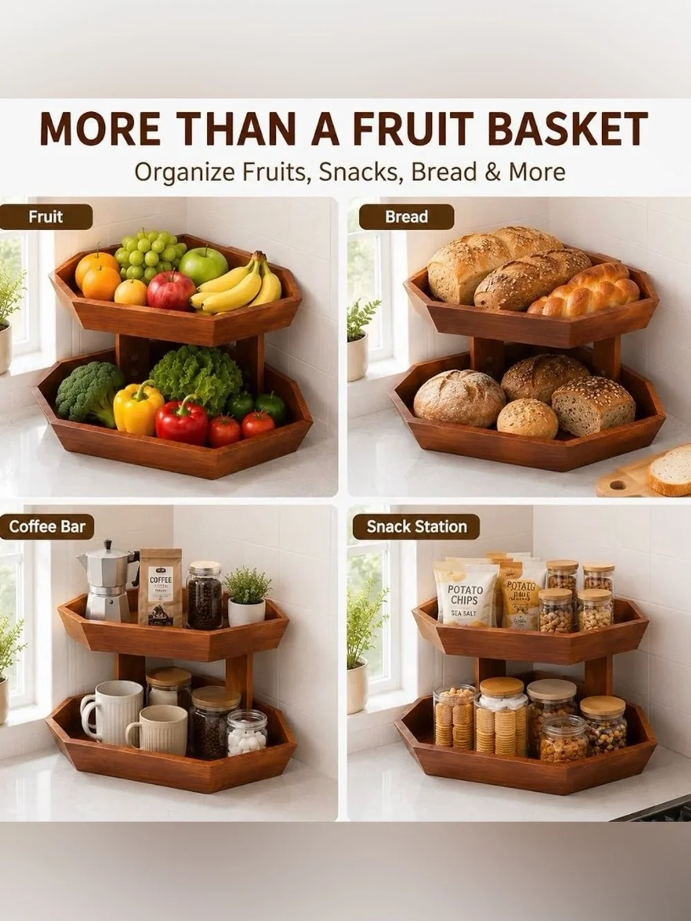Wooden 2-Tier Fruit Basket for Kitchen Counter Space-Saving Organizer
